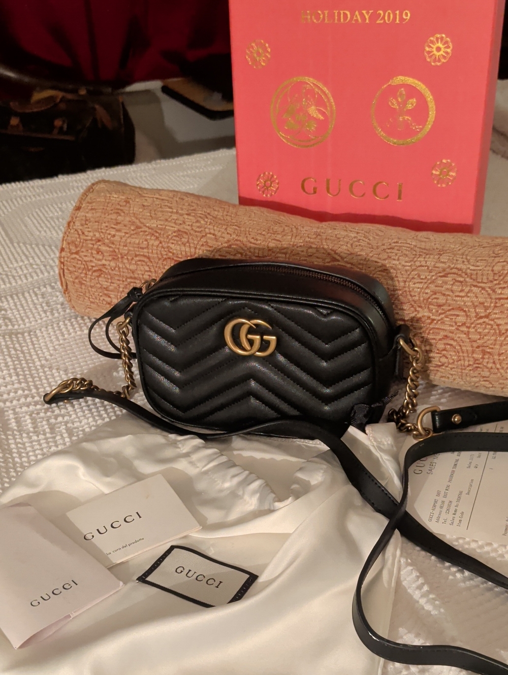 Gucci Black Chevron GG Marmont Leather Crossbody Bag